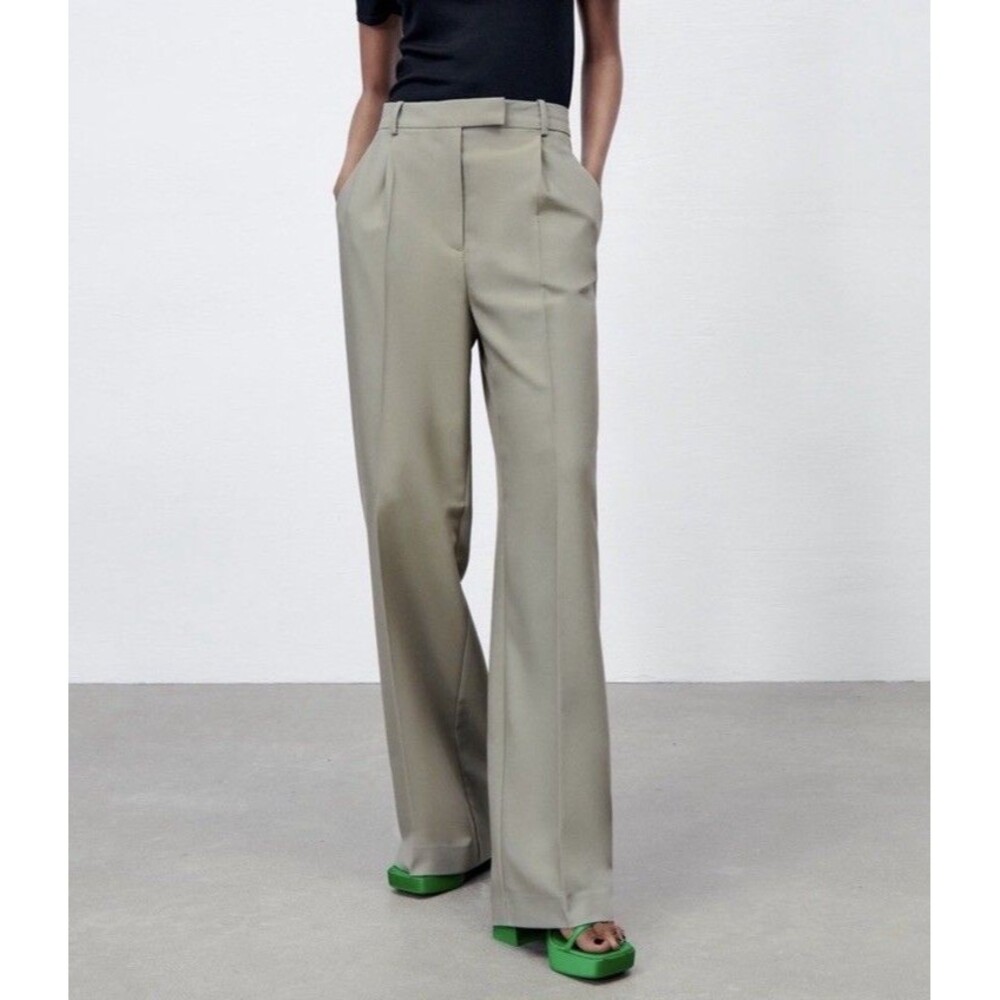 Zara High Waisted Wide Leg Pleated Trousers Pants Women’s Small Sage